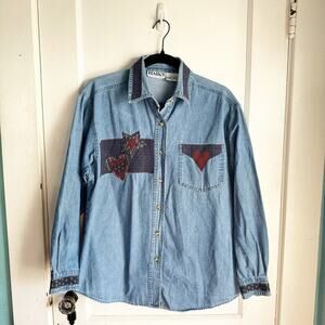 VTG Denim Collared Button Down Long Sleeve Shirt Top Embroidered Heart Patches S